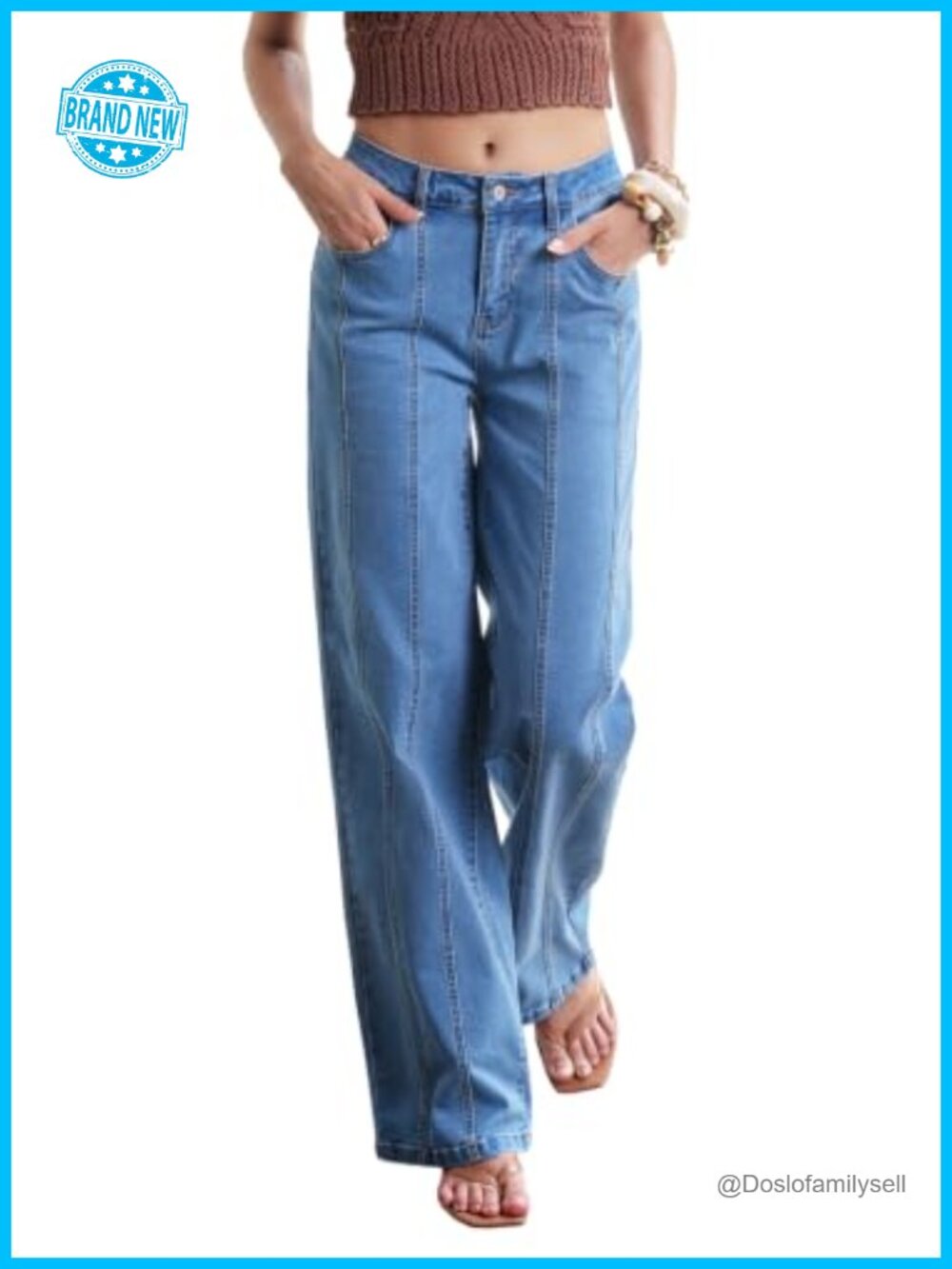 Wide Leg High Waisted Stretchy Jeans Button Closure Full Length
